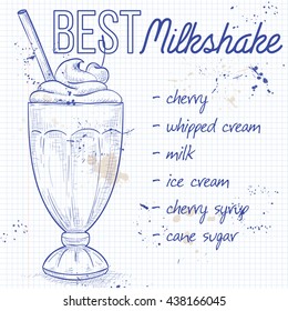 Cherry milkshake recipe on a notebook page. Vector illustration.