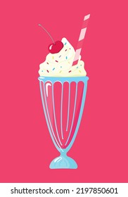 Cherry milkshake. Vector illustration of milkshake with whipped cream and cherries for menu design or for advertising. Milk dessert decorated with cherries and colored sprinkles, with a straw.