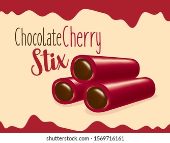 Cherry mini licorice candy group with chocolate sauce on burgundy color backdrop - Vector