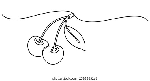 Cherry minimalistic design. Hand drawn sketch, Cherry outline icon. Continuous one line drawing. Vector illustration isolated on white background, Red cherry fruit illustration with continuous line. 