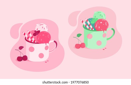 Cherry, mint, vanilla, strawberry, ice cream, in a cup, with cherries, with sweets, striped sweets