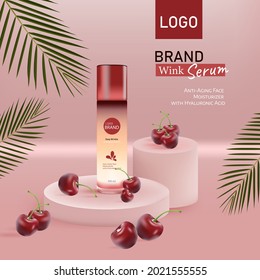 Cherry moisturizing tonic with cherry extract in cherry berries on the ground a color studio background. Organic Natural Cosmetic