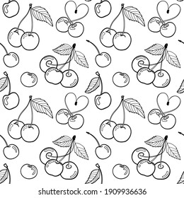 Cherry. Monochrome Seamless Pattern. Hand Drawn Outline Vector Stock Illlustration