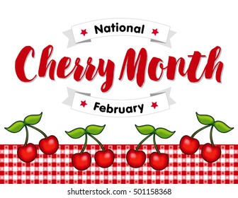 Cherry Month, celebrated each February in USA, juicy fruits, red gingham check tablecloth background. EPS8 includes tablecloth pattern swatch that seamlessly fills any shape.