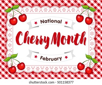 Cherry Month, celebrated each February in USA, juicy fruits isolated on white eyelet lace doily place mat on red gingham check background. EPS8 compatible. 