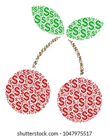 Cherry mosaic of dollars. Vector dollar currency icons are composed into cherry illustration.