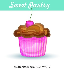 Cherry Muffin vector.  Homemade cupcake. Sweet cake with cherry. Sweet muffin isolated. Fresh pastry. Cartoon muffin. Isolated cartoon cupcake. Vector illustration EPS 10