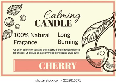 Cherry natural fragrance of long burning and 100 percent organic smell of calming candles. Spa salon and treatment. Monochrome sketch outline, package for product. Promo banner, vector in flat style