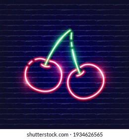 Cherry neon icon. Glowing Vector illustration icon for mobile, web and menu design. Food concept