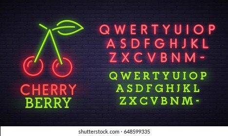 Cherry neon sign, bright signboard, light banner. Berry logo, emblem. Neon sign creator. Neon text edit