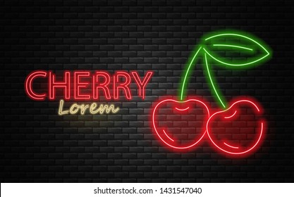 Cherry neon, summer fruit, neon light, brick background, vector illustration