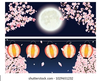 Cherry at night festival banner set, Traditional Japanese culture.