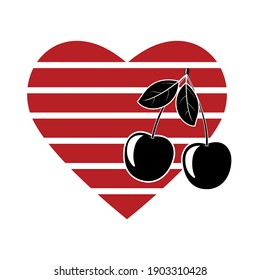 cereza sobre el fondo de un símbolo abstracto del corazón del amor, ilustración aislada del vector del color para el día de San Valentín o boda, banner, logo, afiche, diseño, decoración