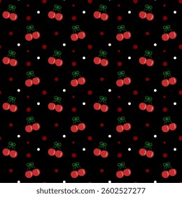 Cherry  on black background , Fabric pattern , Wrapping paper , Seamless pattern