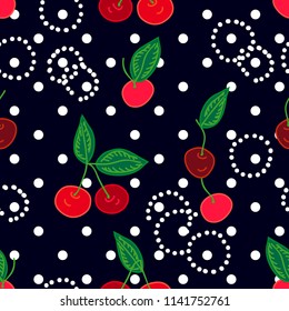 Cherry on black dotted background. Seamless floral pattern with Spanish and Russian motifs. Trendy design for textile, cards and covers.