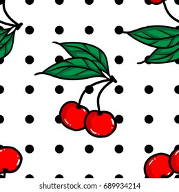 Cherry on a black polka dot white background. Seamless pattern. Vector illustration.