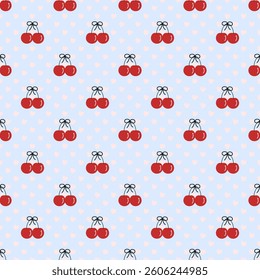 Cherry on blue background, polka dots, fabric pattern, gift wrap, seamless pattern