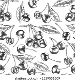 Cherry on a branch with leaves. Seamless pattern. Sketch style. Juicy, ripe, sweet and sour fruits. Hand drawn. Garden tree. Plant, botany. Vector illustration on a white background.