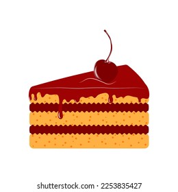 Cherry on the cake. Festive piece of birthday cake isolated on white background. Vector.