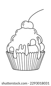 Cherry on cake line art Hand drawn detailed sketch. Vector illustration
