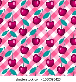 Cherry on a checkered vichy background. Vector Seamless pattern.