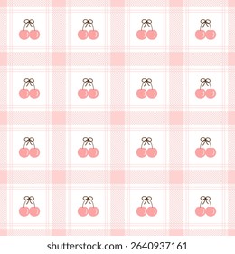 cherry on Fabric pattern, pink checkered pattern background, gift wrapping paper , seamless pattern 