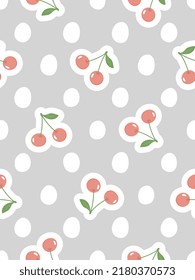 cereza sobre un diseño bohemio gris sin fisuras fondo de patrón con puntos blancos, papel de envoltura, tela e impresión textil