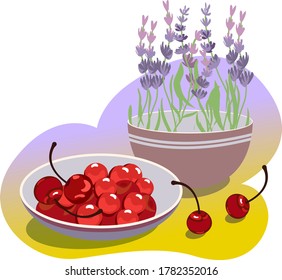 cherry  on the plate and flowers.vector illustration for print,background