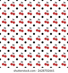 Cherry on red background , polka dots , fabric pattern , gift wrapping paper , seamless pattern 