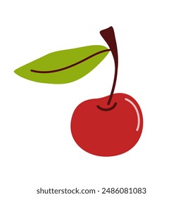 Cherry on stem, branch with leaf. Red fresh ripe fruits. Berries hanging on twig. Sweet natural food. Flat vector illustration isolated on white background