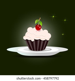 A cherry on the top of a cupcake . Vector illustration.