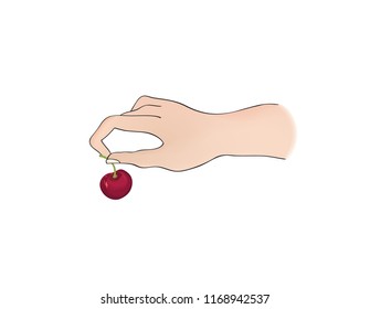 Cherry on top. Hand holding berry over white background. Cooking dessert sign. Bonus icon concept