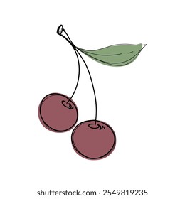 Cherry on a twig with leaves, an illustration of a ripe berry is hand-drawn, isolated on a white background. Decorative sweet, sour, juicy element for labels, decoration, decoration. Flat design