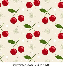 Cherry On the Wallpaper We Wish You A Merry Christmas Pattern Design for Call of Winter with Red Cherries and Wreath Flowers. Seamless Vector Pattern for Scarf, Carpet, Rug, Sweater, Cardigan, Socks  