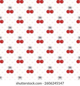 Cherry on white background, polka dots, fabric pattern, gift wrap, seamless pattern
