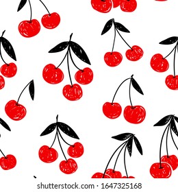 Cherry on a white background. Sketch cherry background seamless pattern. Sweet cherry design for textiles.