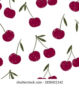 Cherry on a white background sketch seamless pattern sweet berry design for textiles