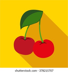 Cherry on a yellow background icon flat. Modern colored icons in a flat design with long shadow.