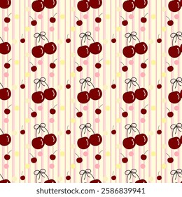 Cherry on yellow background, pink lines, fabric pattern, gift wrapping paper, notebook cover, phone case , seamless pattern 