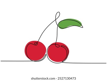 Cereza en un dibujo de línea continua. Diseño minimalista para temas de frutas frescas y postres. Simple ilustración lineal dibujada a mano.
