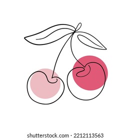 Cherry One line organic drawing, berry logo design. Identity element, isolated on white. Minimalist black linear cherries sketch. Hand drawn thin outline shape. Abstract continuous line art