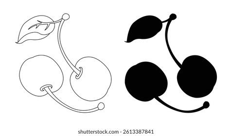 Cherry Outline and Silhouette Illustration with Stem and Leaf
