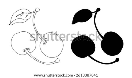 Cherry Outline and Silhouette Illustration with Stem and Leaf