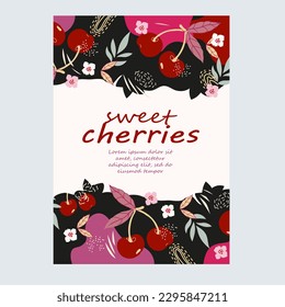 Cherry packaging label or sticker design template, hand drawn vector illustration. Cherry berries or jam, juice packaging design element, label or tag mockup.