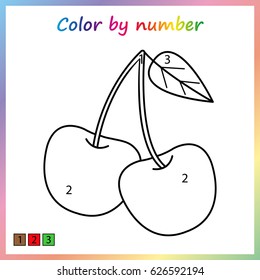  cherry - painting page, color by numbers. Worksheet for education. Game for preschool kids.