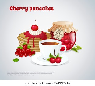 Cherry pancakes with jar of jam cup of tea flower and berries on grey background vector illustration