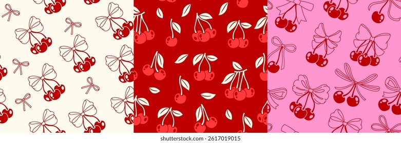 Cherry pattern. Bow ribbon print of cherries, ripe red berries with green leaves and bows, cute cherry fruit wrapping paper, vintage textile fabric. Vector Valentine texture.