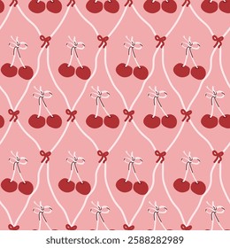 Cherry pattern with bows on pink background in repeating design.