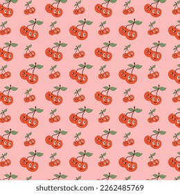 Cherry pattern with cartoon facial expressions and smiles. Berries of love. Pattern, background, print, sketch, retro, vintage, sixties. Vintage sticker. Vector