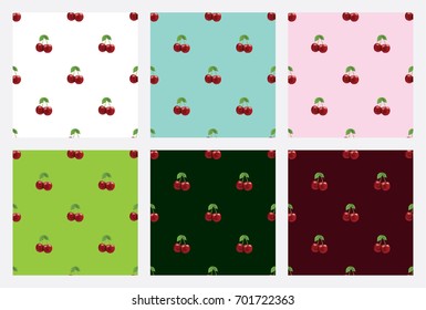 Cherry pattern. Collection of different color tones with a red berry - cherry. Background of different colors: white, dark red and green, still turquoise with pink.